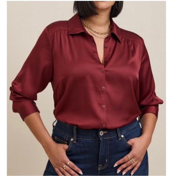 torrid Tops - Torrid Maroon Madison Satin Button-Up Long Sleeve Shirt Size 1 (14/16)